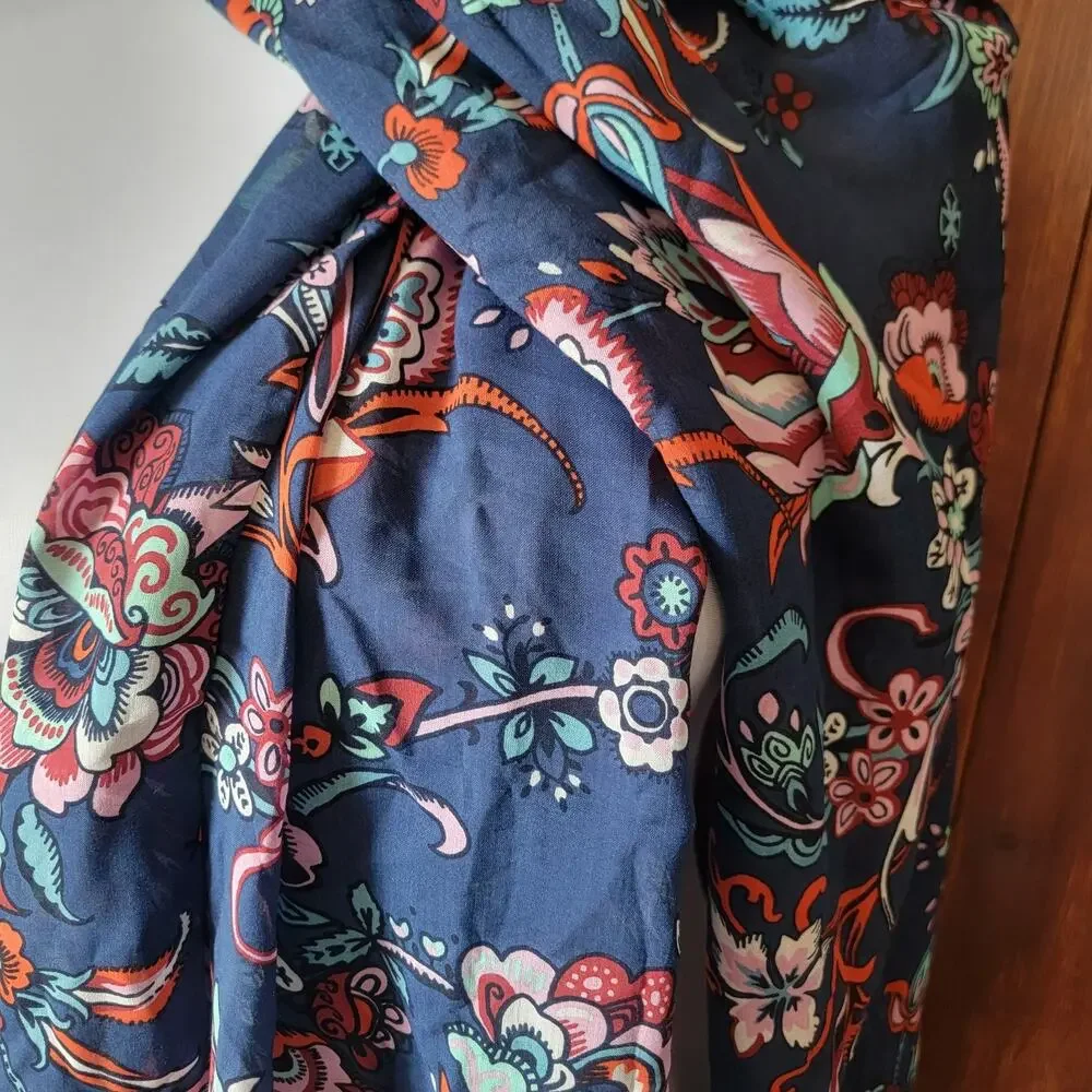 NWT Talbots Blue Floral‎ Scarf 100% Modal Pink Aqua Orange Vibrant Print Fringe